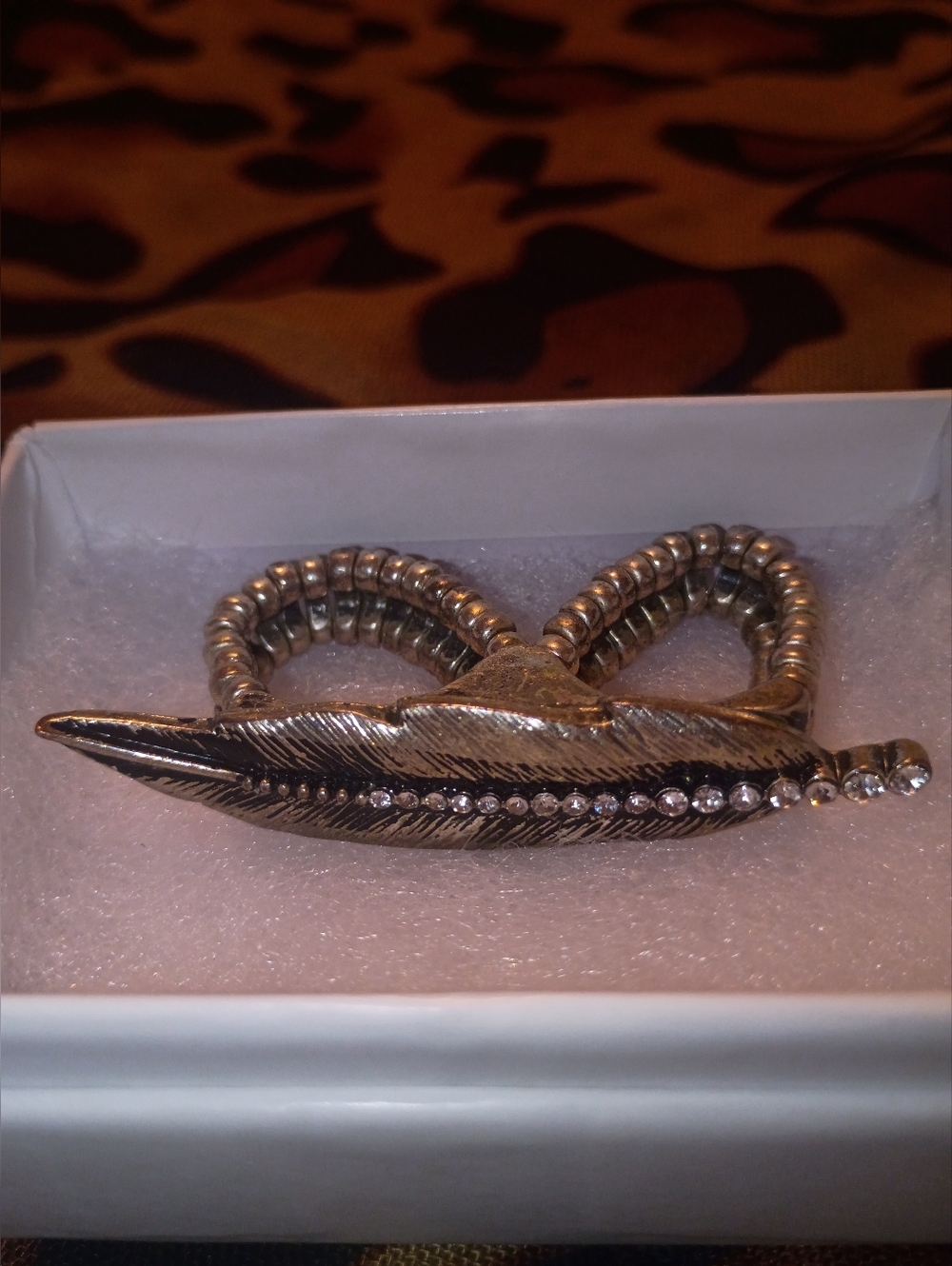 Vintage Y2K Silver Feather Double Stretch Ring with Rhinestones